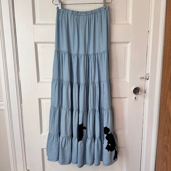 Sky to Moon Tiered Ruffle Maxi Skirt Chambray Graffiti Art Elastic Waist Boho - Picture 16 of 17